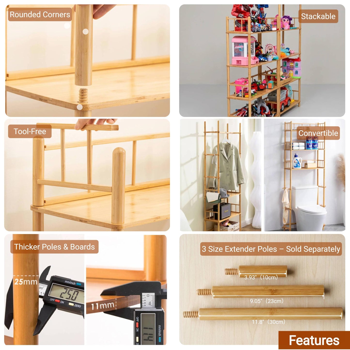 GOGOGO 4-Tier Expandable Bamboo Bookshelf - 150LBS Heavy-Duty, Tool-Free Assembly, Multifunctional Storage for Bathroom/Kitchen/Office Holder Plant Flower Stand (Natural, 4-Tier 10.6" D)