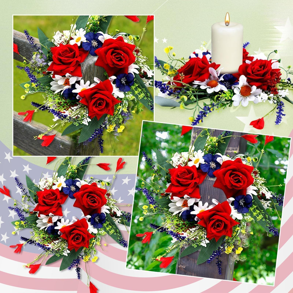 6 Pcs 4th of July Red White and Blue Candle Rings Wreath 3 Inch Patriotic Candle Rings Mini Wreath American Independence Day Rings Wreaths for Table Window Door Decor