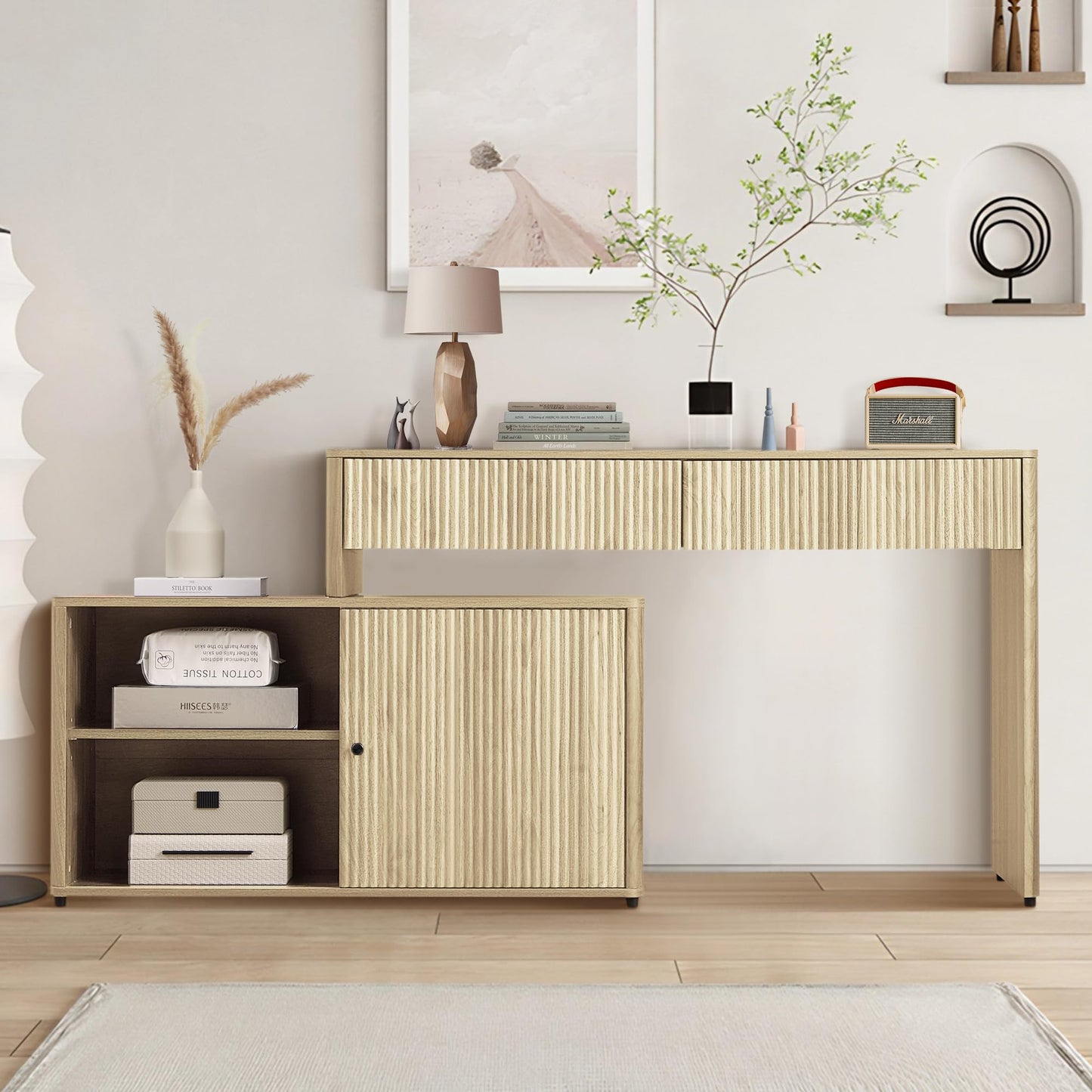 Giratree Modern Computer PC Desk Table with Storage, Corner L Shaped Desk with Drawers, Home Office Desk for Bedroom and Small Space, for Writing, Executive, Study, Work, Vanity - Natural