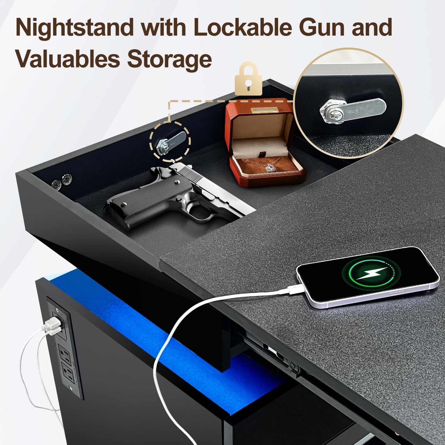 POVUD Night Stand with Gun Drawer, Modern Nightstand with Led Lights and Hidden Compartment, Charging Bedside Table Nightstand with USB C Port Storage Shelves for Bedroom Black