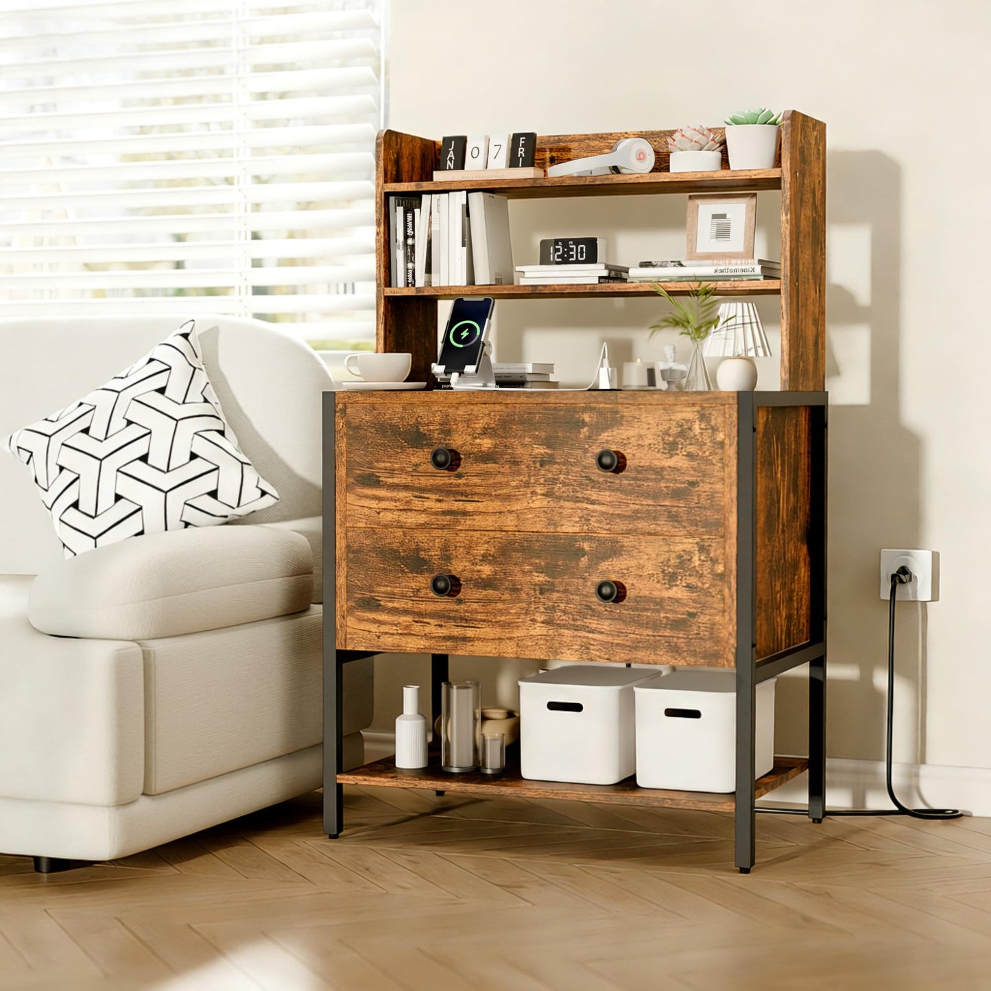 PATAVOT 24 Inch Wide Night Stand, Large Wooden Night Stand with 2 Adjustable Drawes, Tall Nightstand with 4-Tier Shelves and Charging Station, Bedside Table for Living Room/Bedroom/Office, Retro.