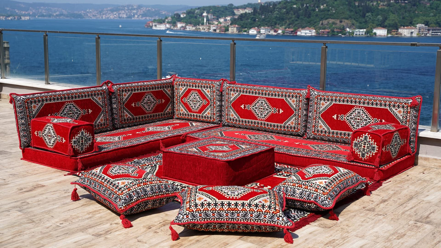 L Shaped Arabic Floor Cushions, Sectional Sofas, Arabic Majlis Set, Custom Made Sofa, Arabic Sofa Set, Seating Cushions (4'' Thickness Sofa, L Sofa Full Set, Red)