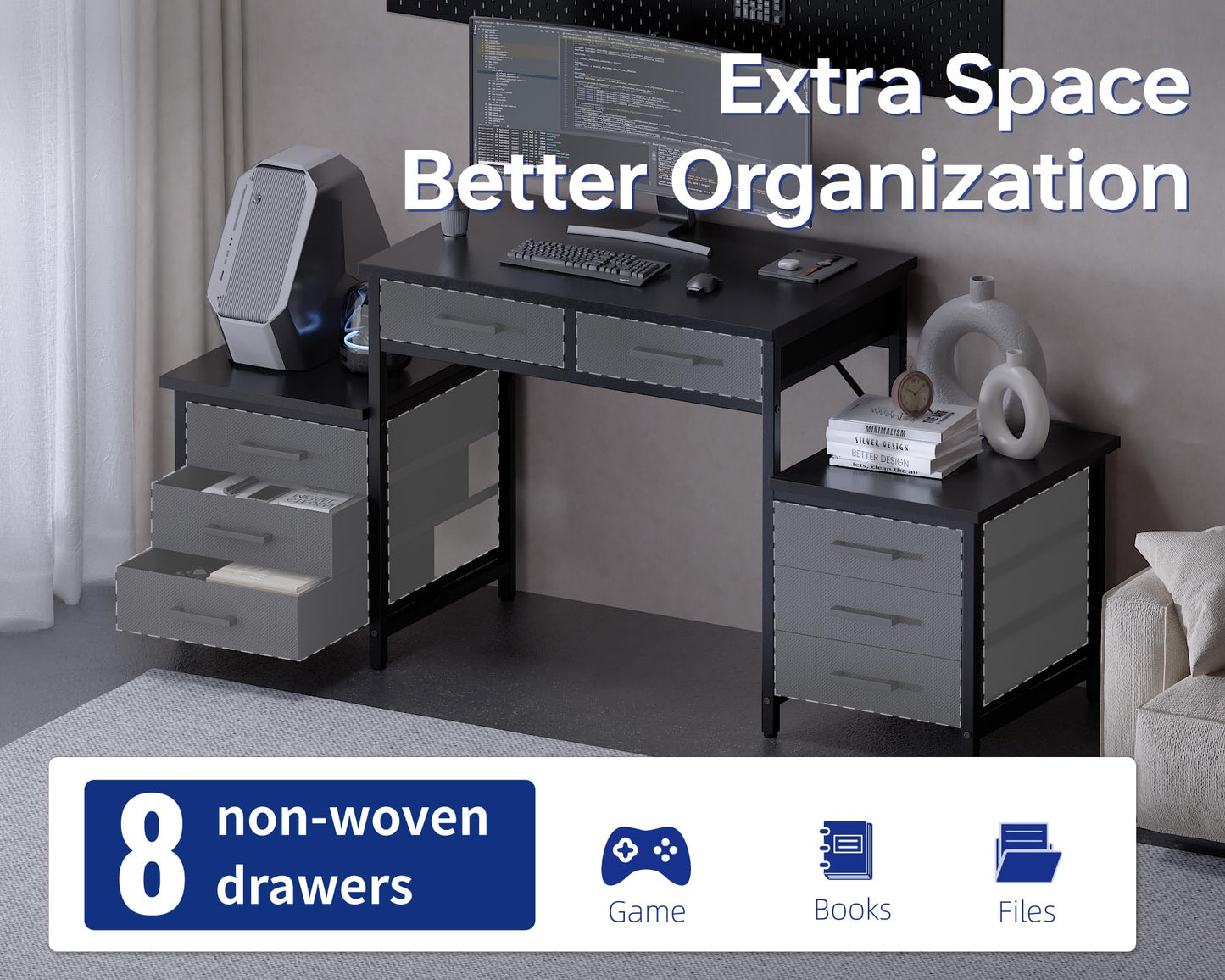 Pamray 63 Inch Computer Desk with 8 Drawers and Printer Shelves for Office