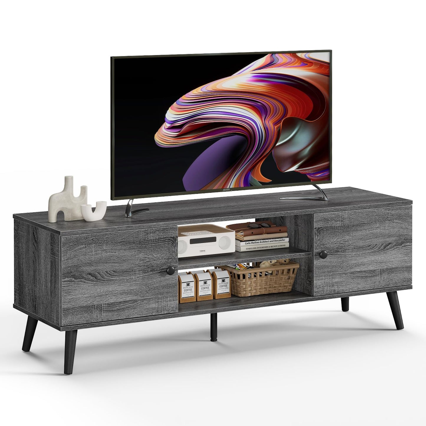 DUMOS TV Stand for 55 60 inch TV, Modern Mid Century Entertainment Center with Storage, Wooden Media Console Table with 2 Cabinets, for Living Room, Bedroom, Grey