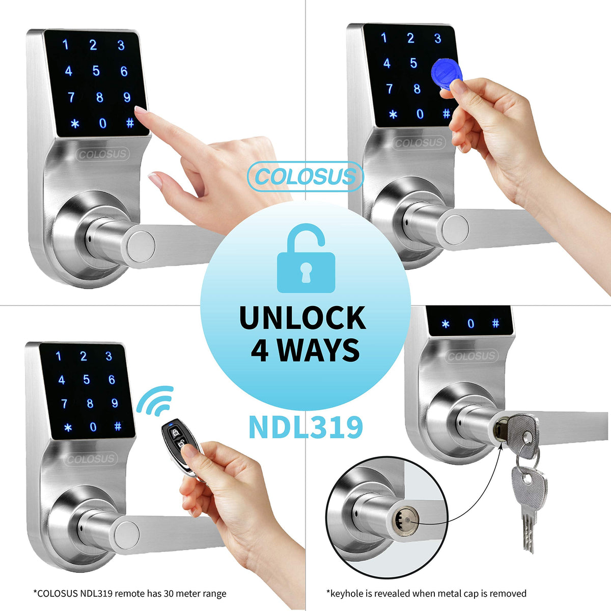 Electronic Keyless Door Lock, Keyless Entry with Touchscreen, Key Fobs, Remote Control, Keys for Home, Office or Commercial, Silver NDL319