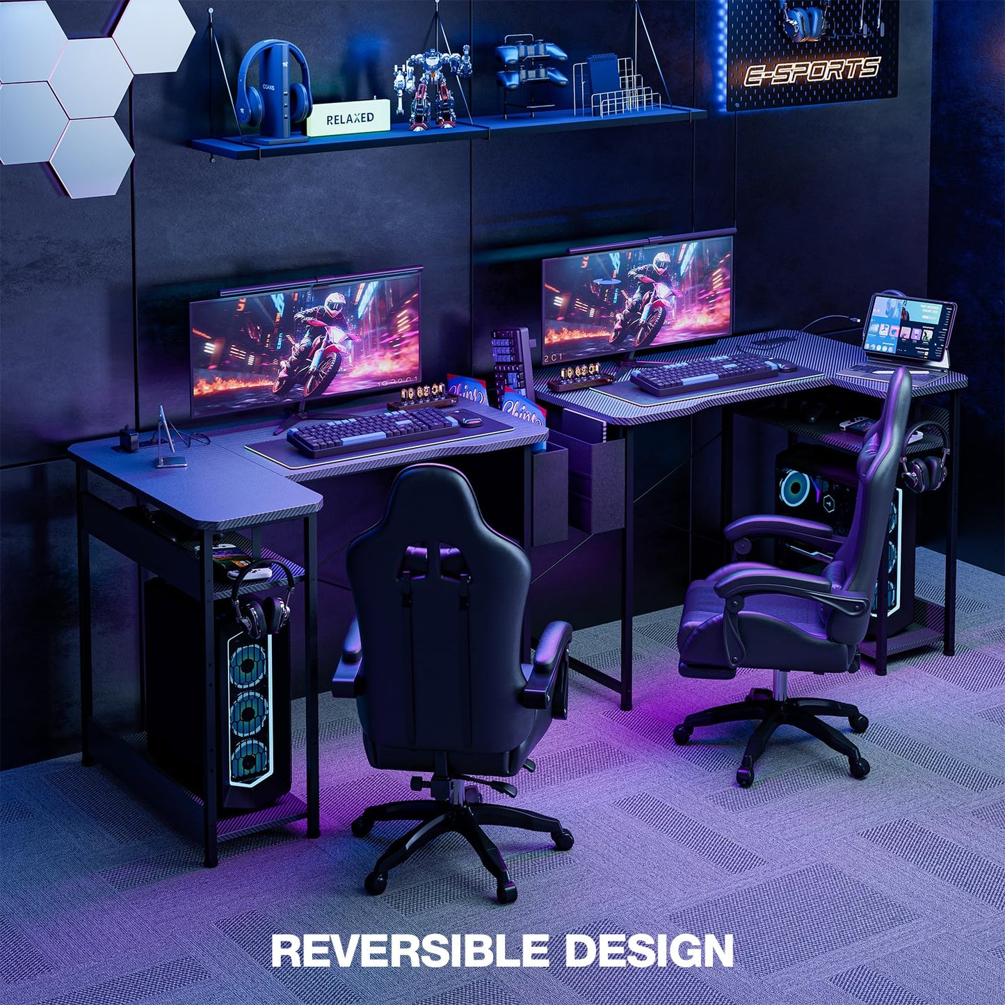 Acrolix L Shaped Gaming Desk 40 Inch - Computer Corner Desk with Power Outlets, Reversible Shelves & Storage Bag for Home Office, PC Gaming Table, Black Carbon