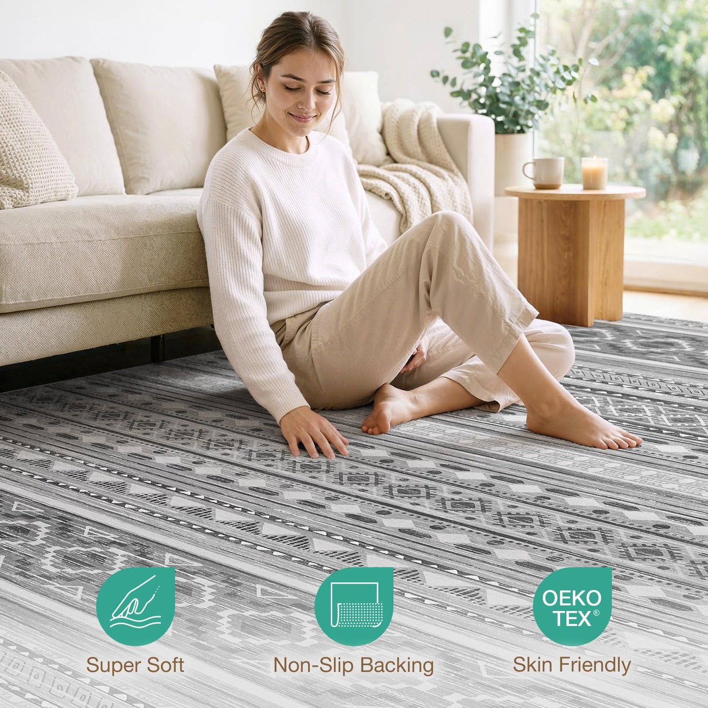 cotiled 5x7 Area Rugs Living Room Rug: Washable Boho Rugs with Non Slip Backing Large Soft Indoor Stain Resistant Carpet for Bedroom Farmhouse Dining Room Lightweight Home Decor Beige Grey