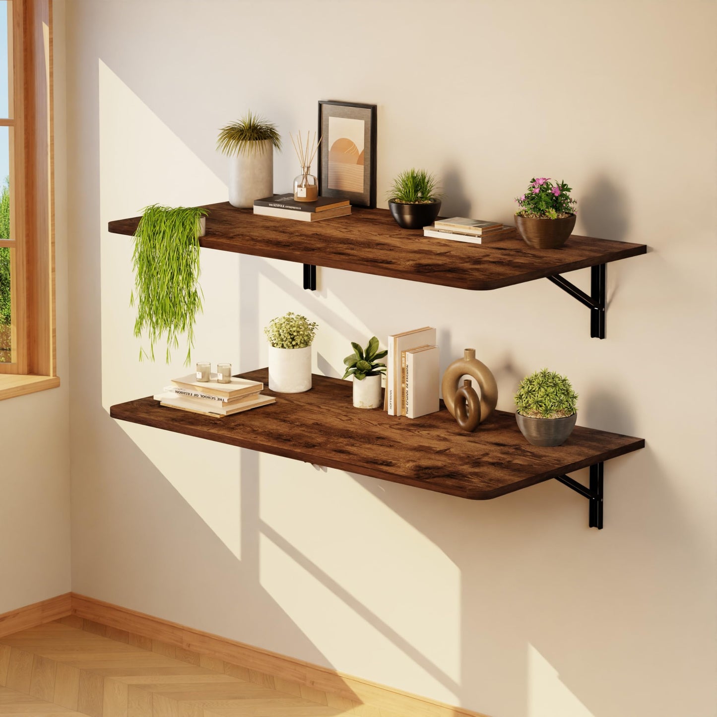 IAE Wall Mounted Floating Foldable Desk, 36" x 22" Folding Computer Workstation Table with Engineered Wood and Metal Shelf Brackets,Fold&Floating Design for Home Office, Apartment,Laundry Room,Rustic