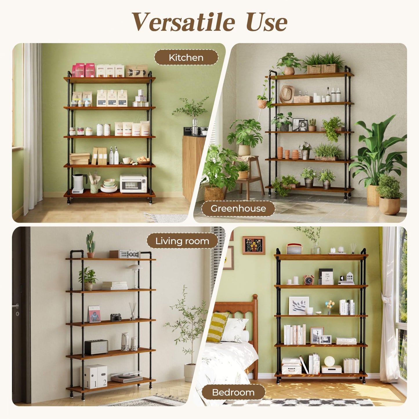Anynice Industrial Bookshelf, Rustic Open Bookcase, 5 Tier Wood and Metal Bookshelf, Solid Pine Wood and Iron Pipe Tall Narrow Storage Shelf for Living Room Bedroom Office Kitchen