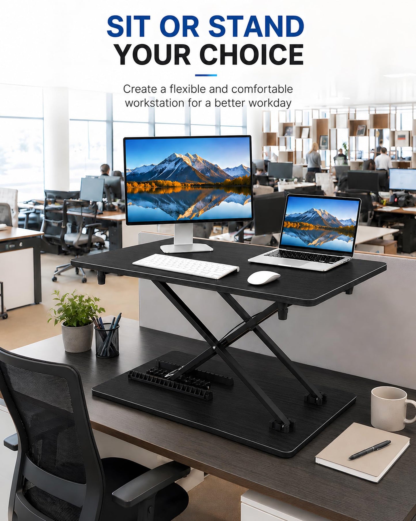 biueus Ultra-Slim Standing Desk Converter, 25.16" x 15.75" Compact Height Adjustable Desk Riser for Standing, Sit Stand Desktop Converter for Monitor or Laptop, No Assembly, Black