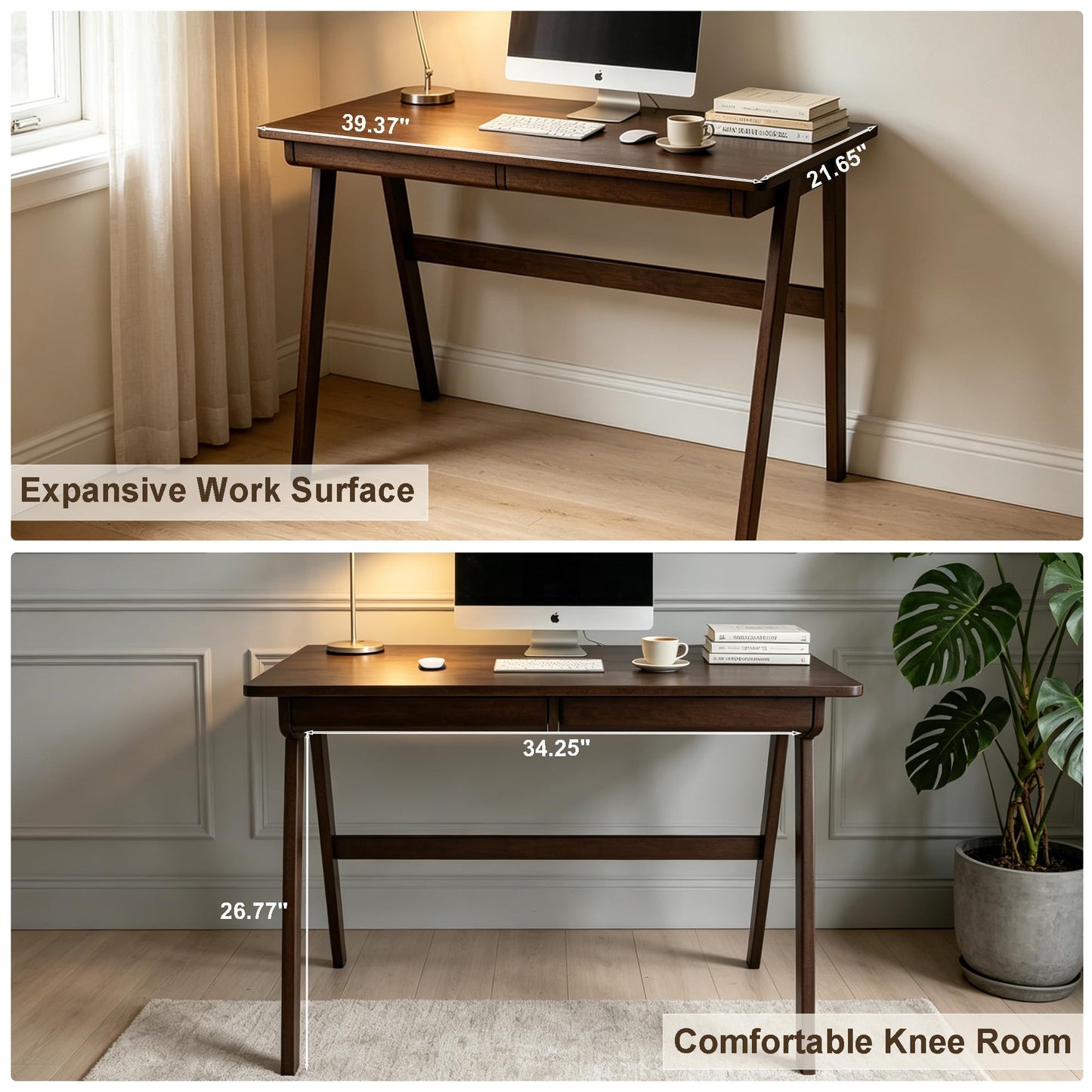 Kelvorvin Solid Wood Desk with Drawers, Computer Desk for Home Office, Small Writing Desk for Bedroom & Small Spaces, Sturdy A-Frame, Easy Assembly (Walnut Color, 39inch)