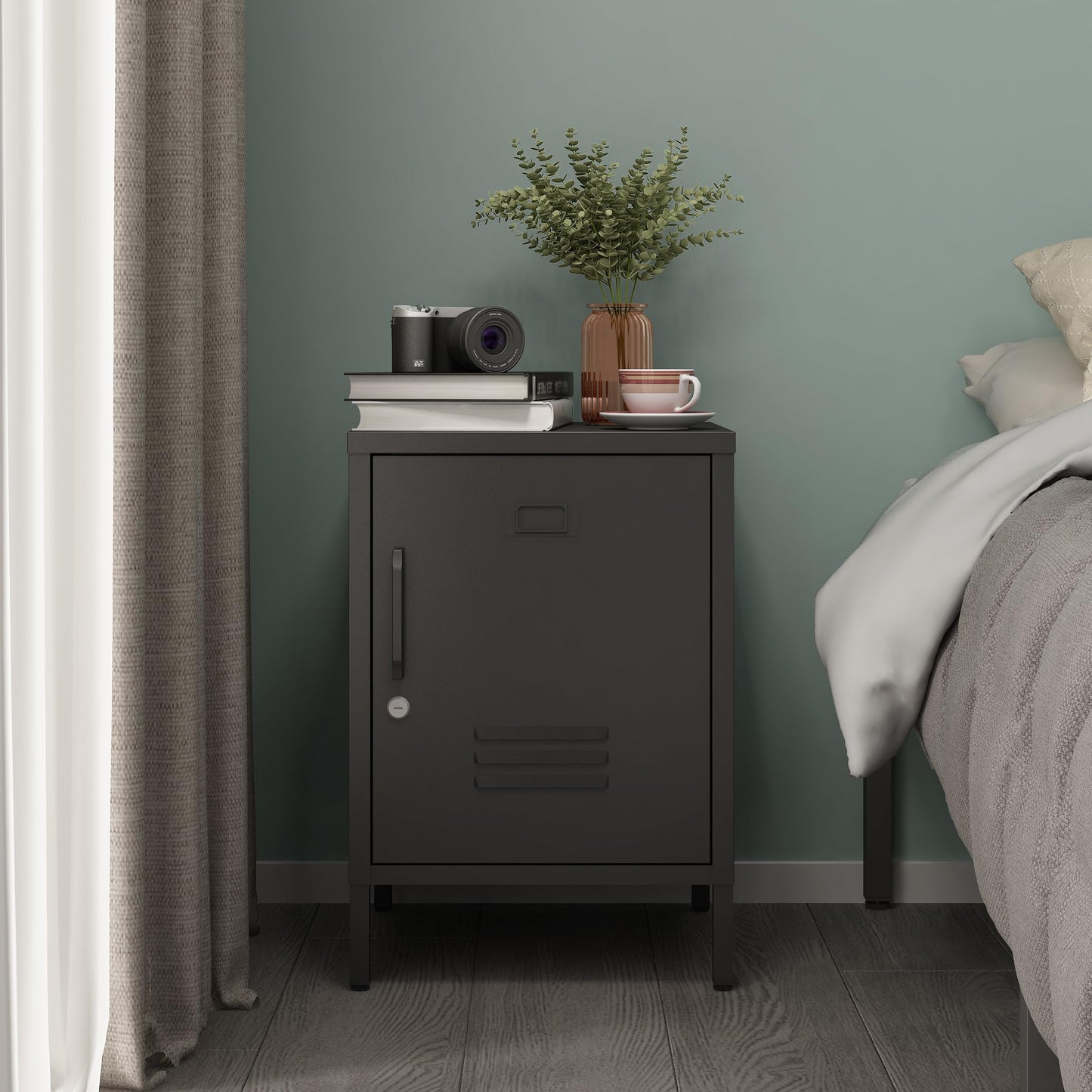 Metal Nightstand Modern End Side Table Steel Bedside Storage Cabinet with Shelf Easy Assembly for Living Room Bedroom （15.8”W x 15”D x 22.5”H ）