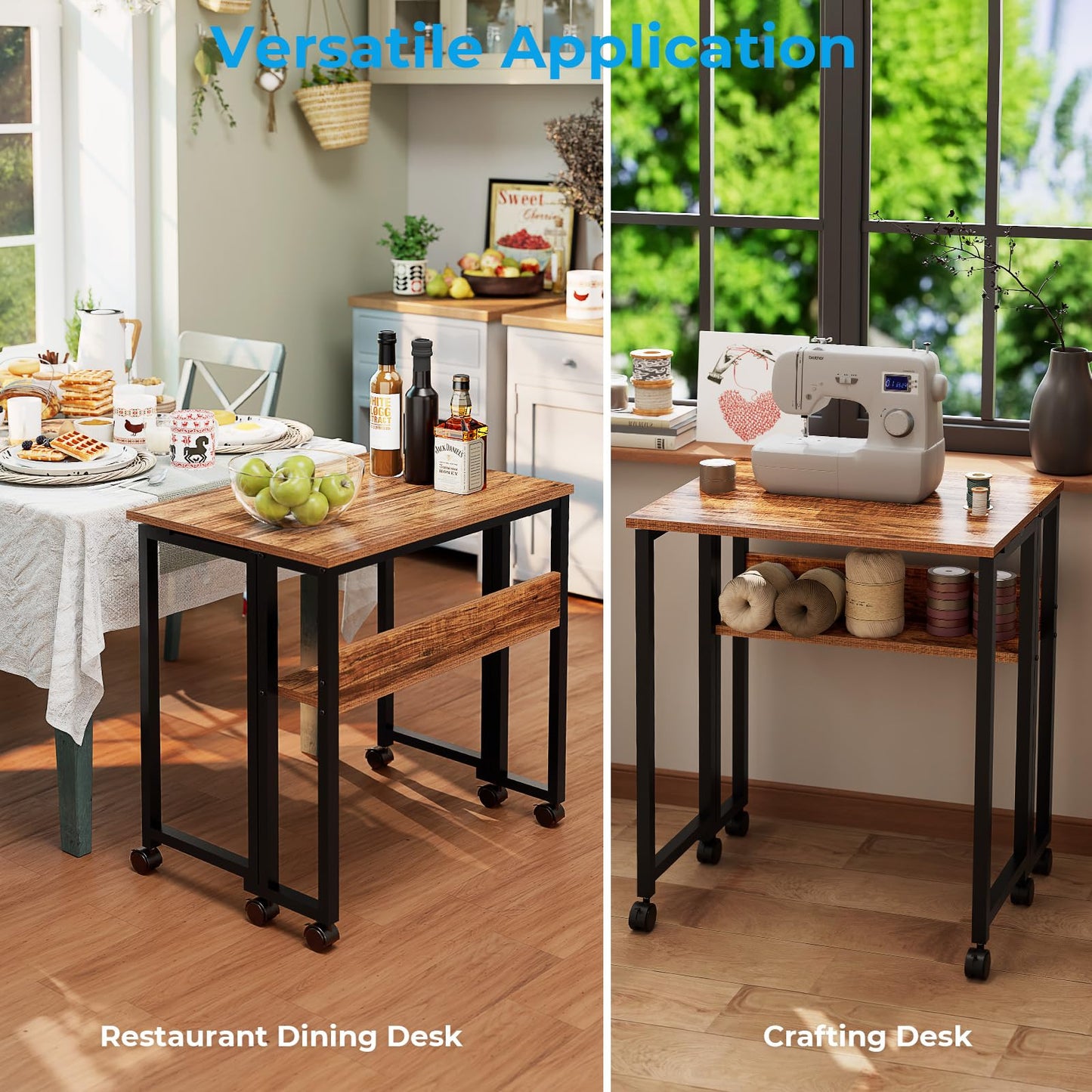 GreenForest Folding Desk with Wheels, 31.5 Inch Compact Rolling Computer Table with Storage Shelf, Portable Mobile Workstation for Small Spaces, Easy Assembly, Walnut