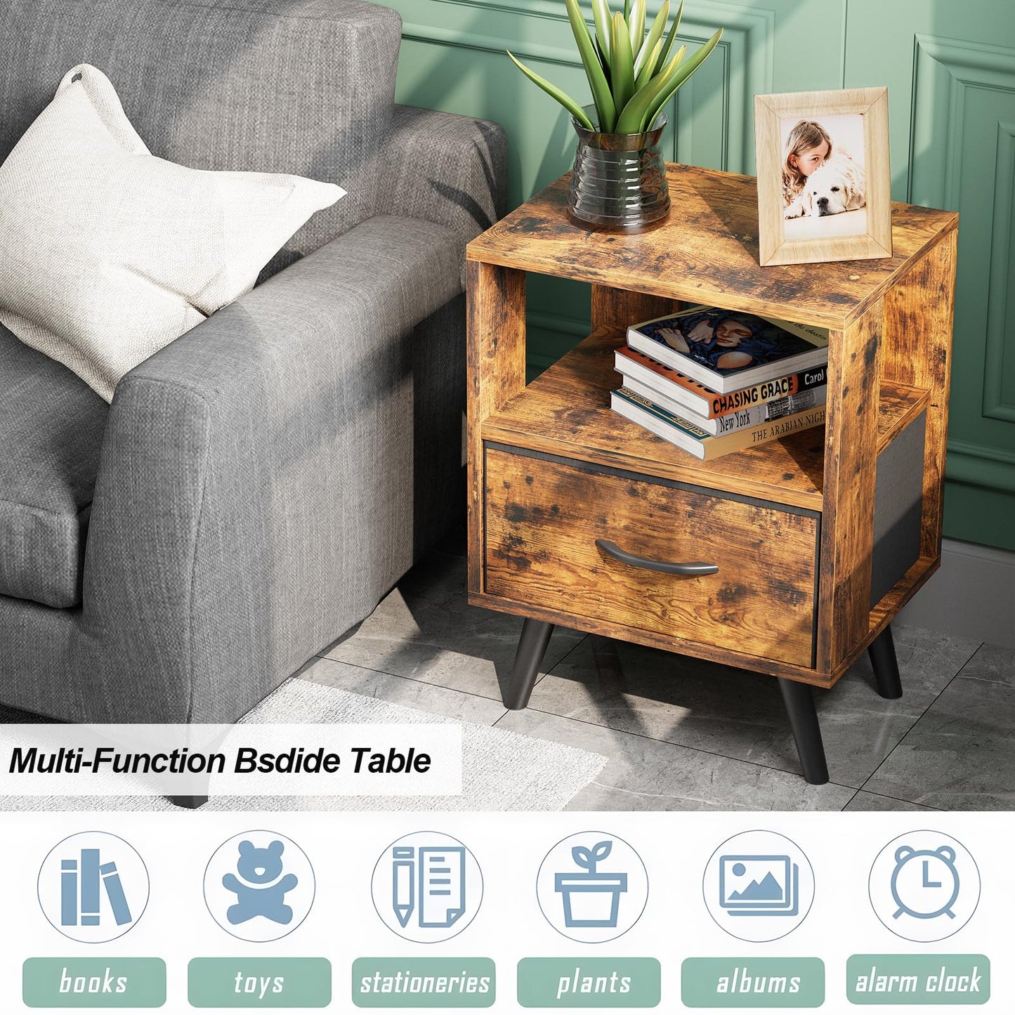 Aenuert Night Stand, Brown Nightstand with Drawer, Side Table with Open Storage, 2-Tier Modern End Table, Bedside Table for Small Space, Living Room, Bedroom
