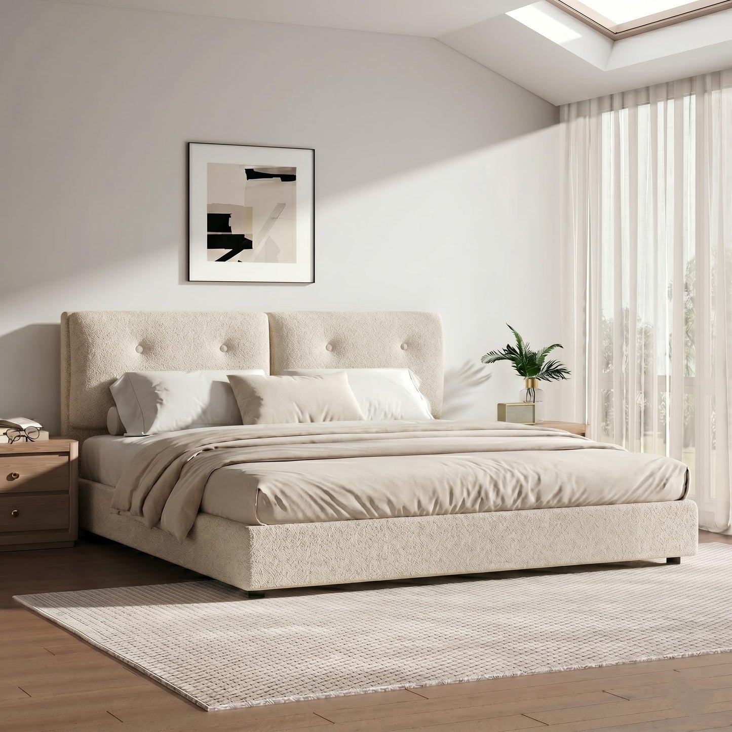 IMMERSTABLE King Size Bed Frame, Boucle Upholstered Bed Frame with Headboard, Removable and Washable, No Box Spring Needed, Wood Slat Support, Easy Assembly, Beige