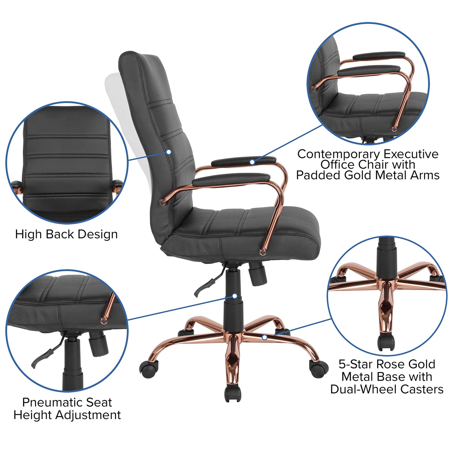 Flash Furniture Whitney High-Back Swivel LeatherSoft Desk Chair with Padded Seat and Armrests, Adjustable Height Padded Office Chair, Black/Rose Gold