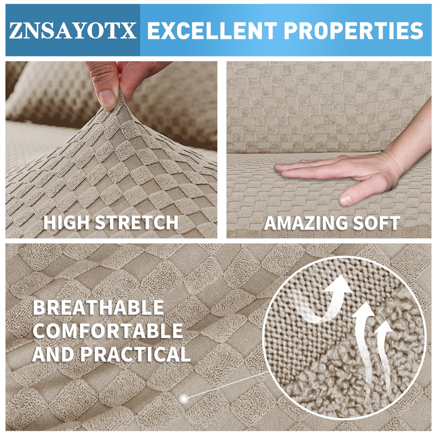 ZNSAYOTX Sectional Couch Covers, Stretch Jacquard Slipcovers with Elastic Bottom for L-Shape Sectional Sofa, 2 Pcs Pet Friendly Modular Sofa Protector (3 Seat Couch + 3 Seat Chaise, Khaki)