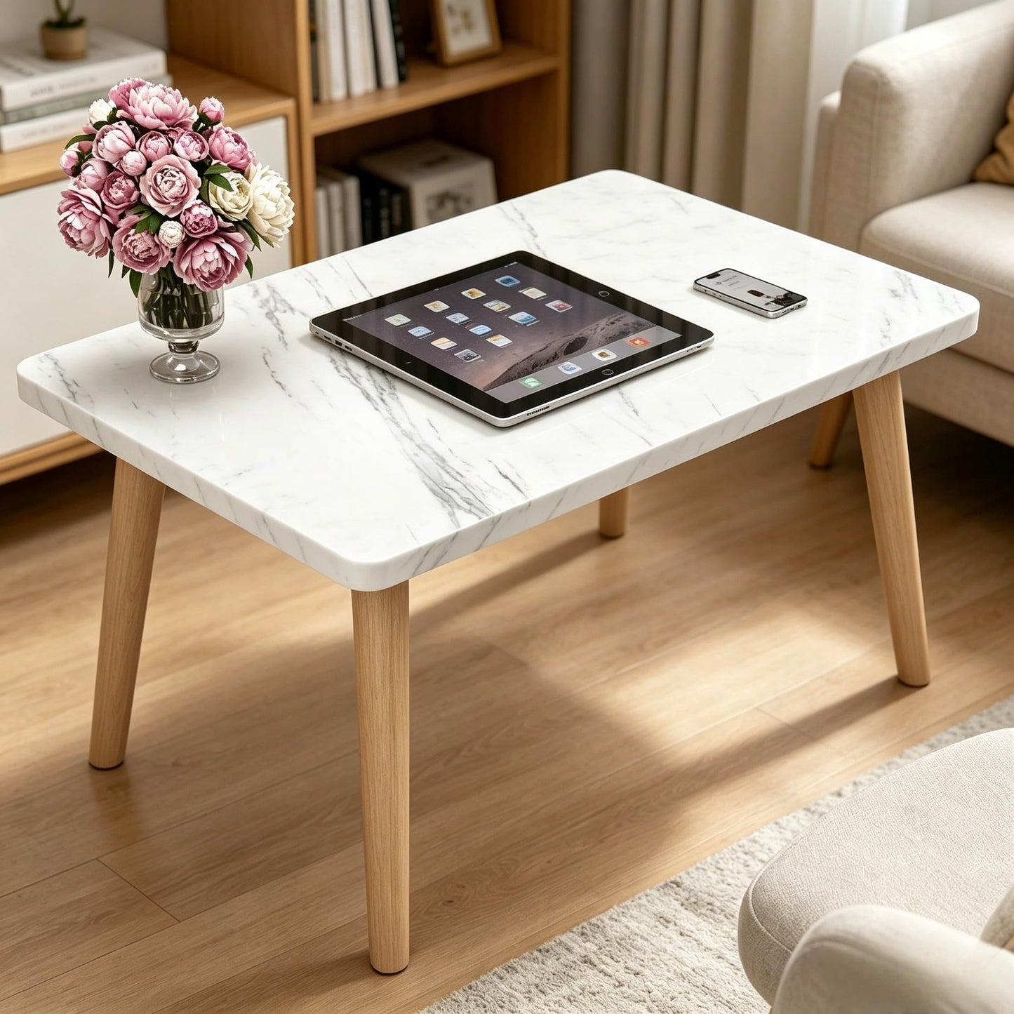 Coffee Table, 23.6" Small Oval Coffee Tables for Small Space with 4 Solid Wood Leg, Floor Table Desk for Sitting on The Floor, Side Table Japanese Low Table for Living Room Apartment, Rectangle White