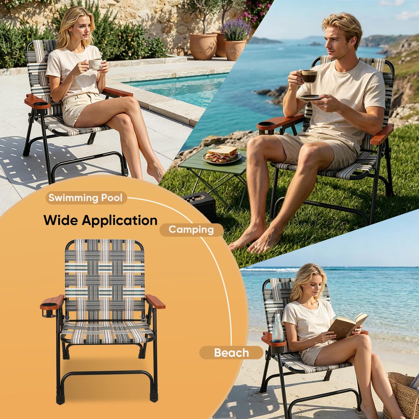 Chiyhshaa Folding Lawn Chair, Portable Camping Chair with Steel Frame, Woven Fabric and Wooden Armrests, Webbed Patio Dinning Chair for Yard Camping Poolside Beach
