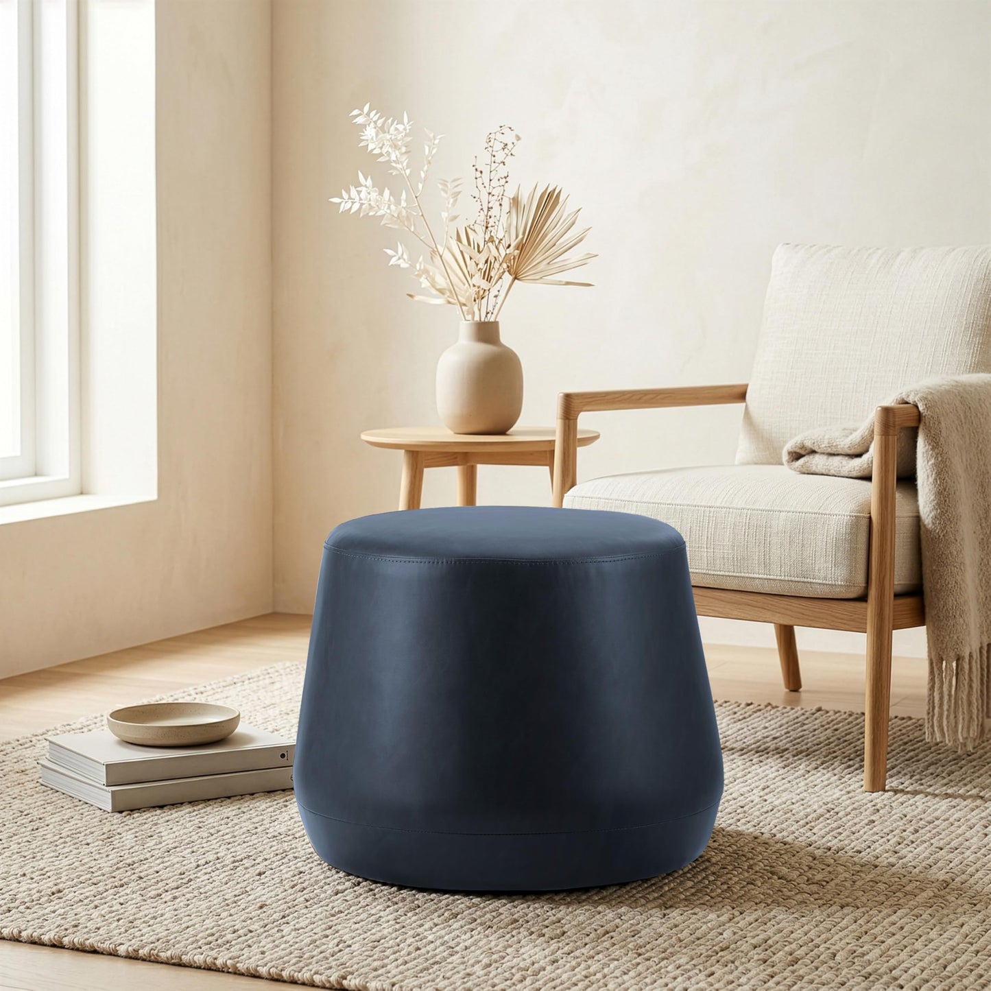Studio Living® 24” Waverly Ottoman Round Faux Leather Bench, Stationary Ottomans, Backless Chair, Footrest for Living Room, Footstool Office, Bedroom, Padded Seat, Navy Blue