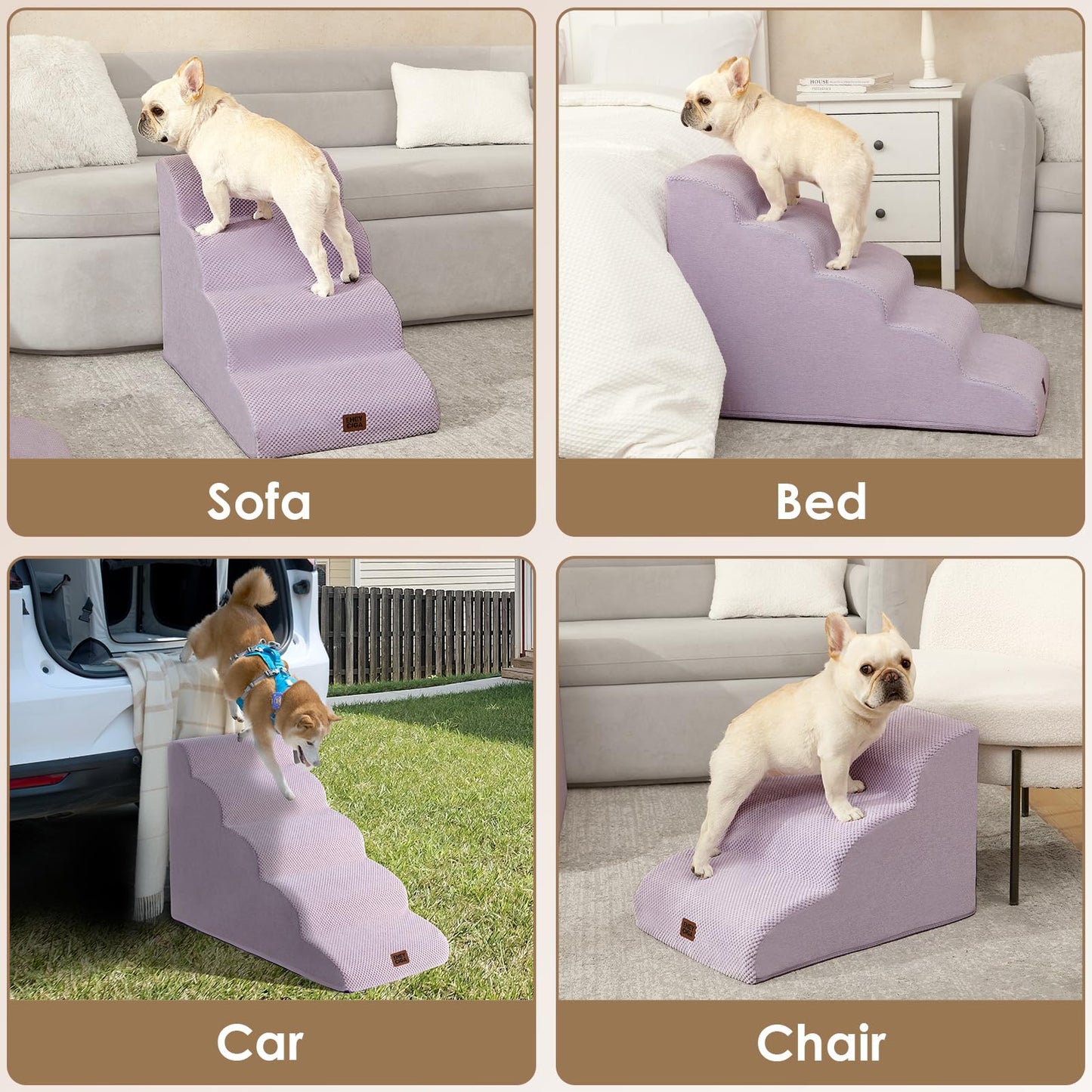 EHEYCIGA Curved Dog Stairs Ramp for High Beds 22.6" H, 5-Step Dog Steps for Small Dogs and Cats, Pet Stairs for High Bed Climbing, Non-Slip Balanced Pet Step Indoor, Lilac
