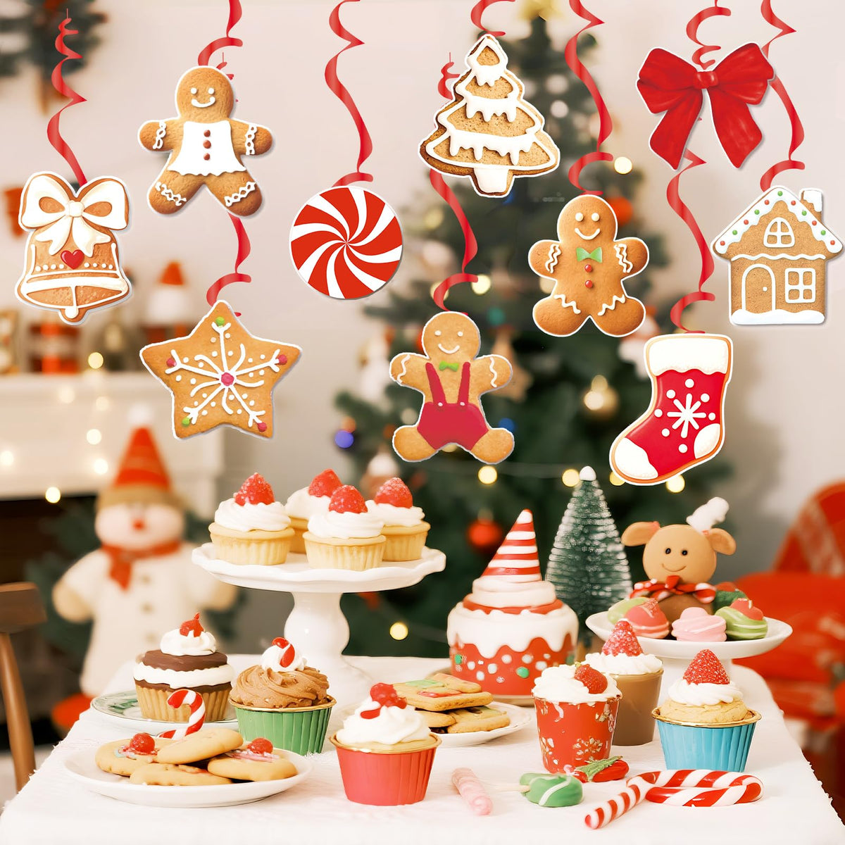 OBBOLO Merry Christmas Banners Gingerbread Theme, Pre-Strung Xmas Party Decorations, with 20 Pcs Gingerbread Men Hanging Swirls for Office Celebrations, School Events, Home Holiday Indoor Decor