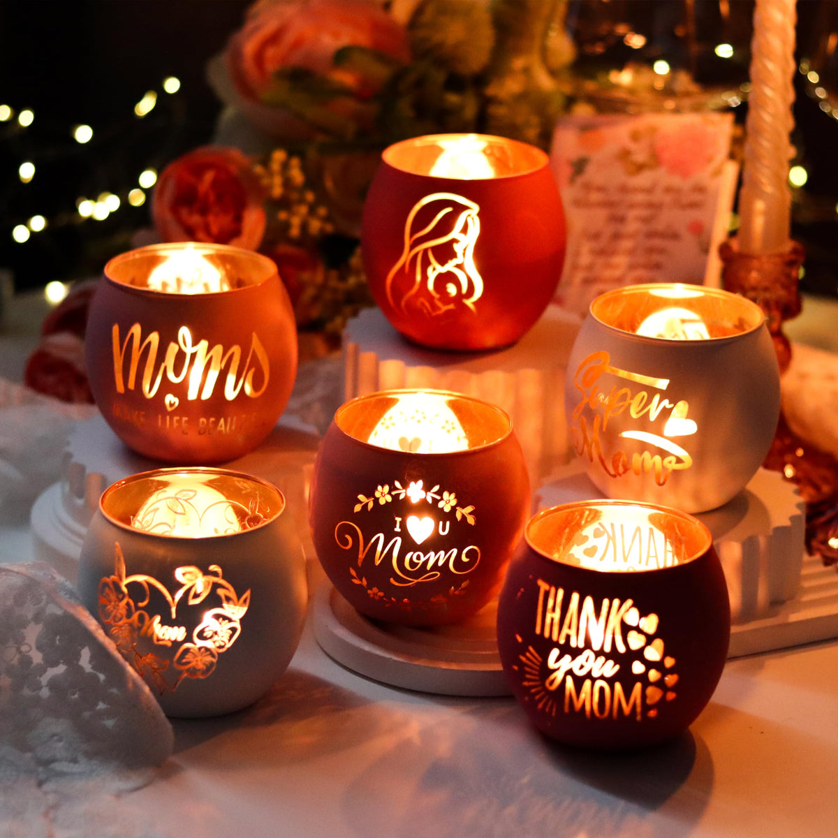 Birthday Gifts for Mom, Delicate Mother Gifts from Daughter Son, Engraved Glass ealight Votive Candle Holder Pink, Mothers Day Christmas Birthday Gifts for Mom, Ideas 6PCS