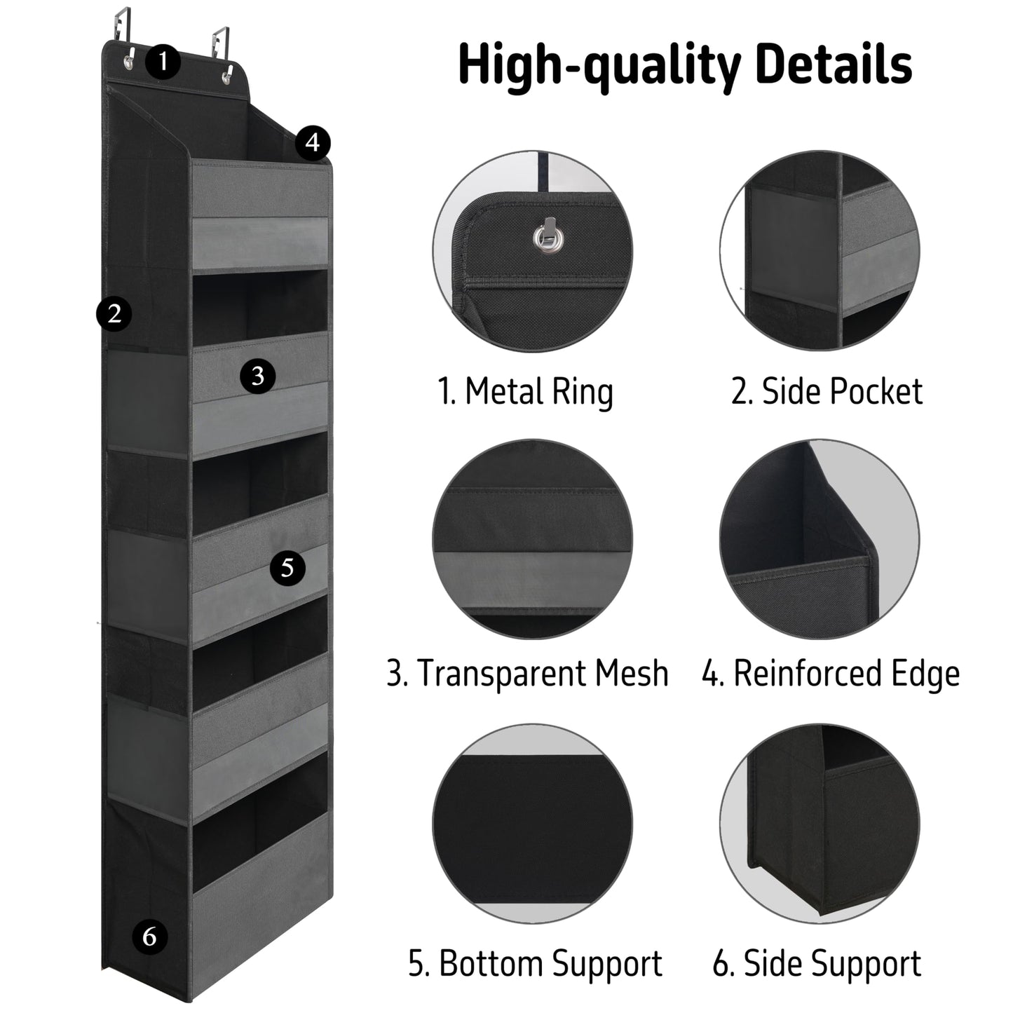 TYMENSH Black Over Door Organizer with 5 Large Clear Pockets and 6 Side Mesh Pockets, Anti-Tilt Hanging Door Storage for Closet, Bathroom, Nursery, Bedroom, Dorm, Toys, Cosmetics
