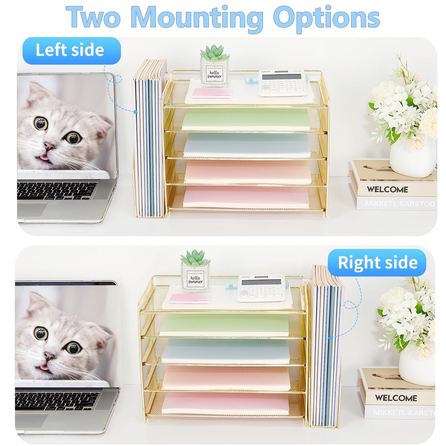 OPNICE Desk Organizer, 5-Tier Paper Organizer Letter Tray with Magazine Holder, Office Desk Accessories & Workspace Organizers, Desktop File Organizer for Office Supplies Storage, Gold