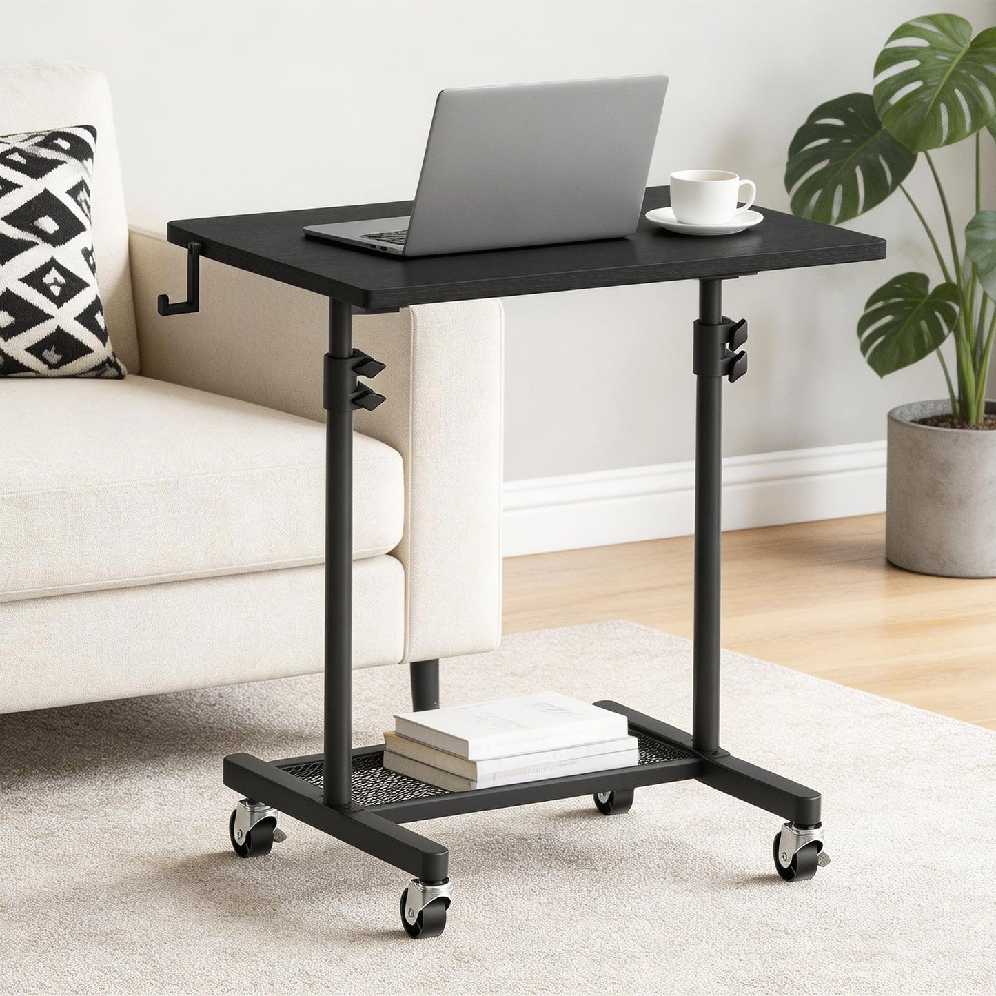 HOOBRO Standing Desk, Rolling Desk Adjustable Height, Portable Podium Stand, Mobile Stand Up Desk with Locking Wheels and Hooks, for Home Office and Living Room Use, Black BB01ZJ01
