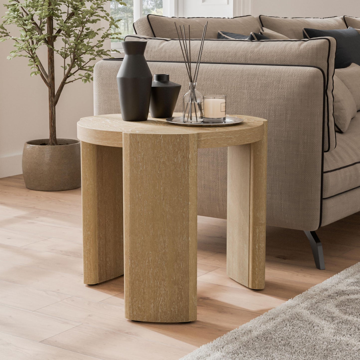 Furniture of America Carys Modern Solid Wood 20-inch Round End Table with Plinth Base, Living Room Furniture for Small Space, Home Office, Oak