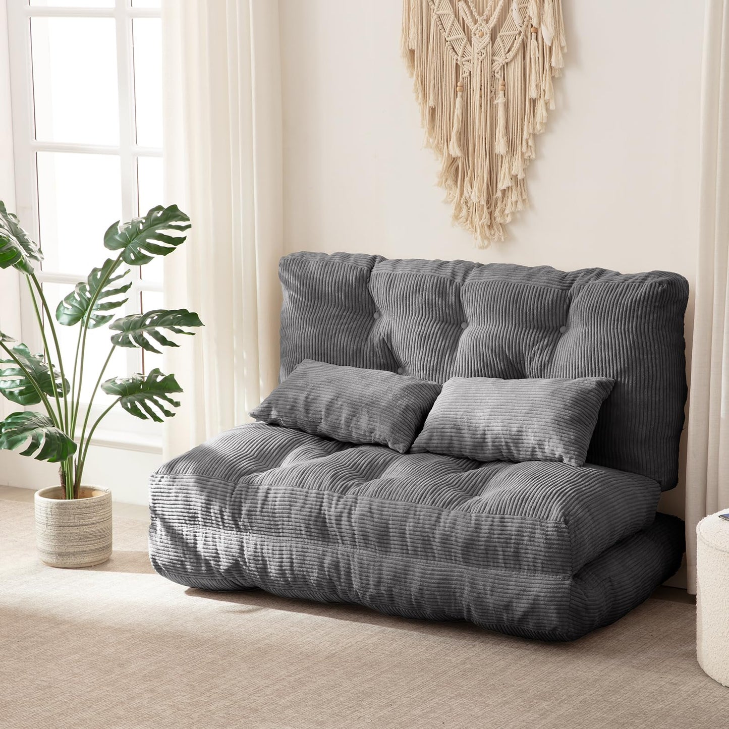 Folding Sofa Bed, Convertible Sleeper Chair with Pillow Foldable Mattress with Back Support, Portable Fold Out Chair Bed Comfy Floor Sofa Lounge for Living Room Bedroom, Dark Gray Full 80x54 Inch