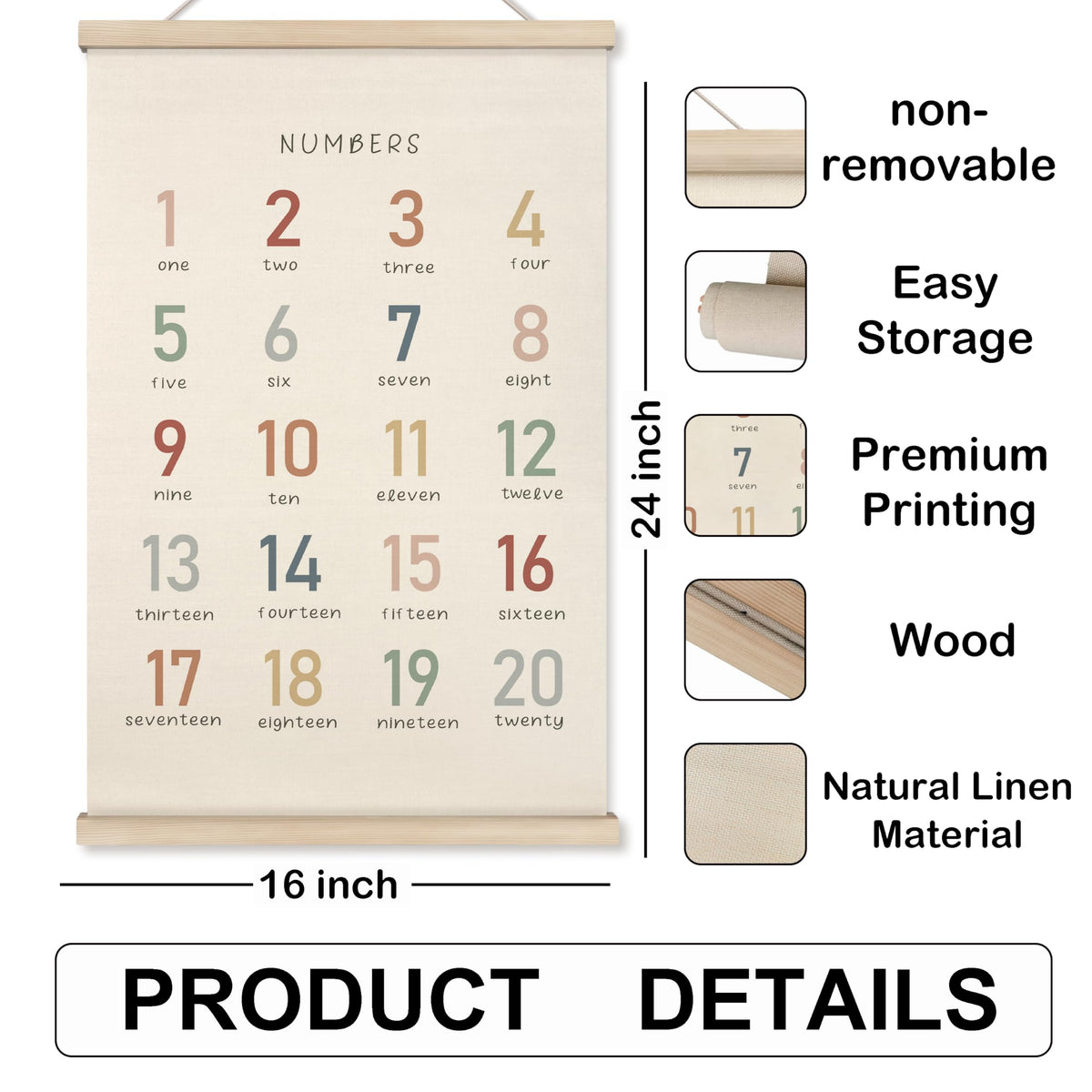 HRQKO Boho Numbers Alphabet Poster Hanger Frame, Nursery Wall Decor, Boho Learning Poster Wall Art with Wooden Frames, Numbers Banner Wall Hanging Decor for Boys Nursery Toddler Playroom, 16x24 inch