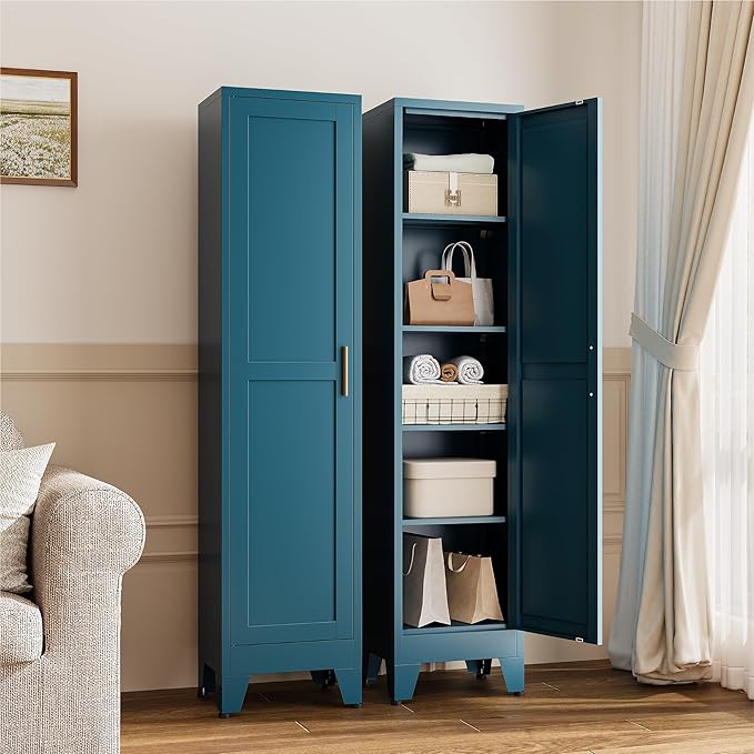 YAUWOH White Narrow Metal Storage Cabinet, Tall Freestanding Cabinet