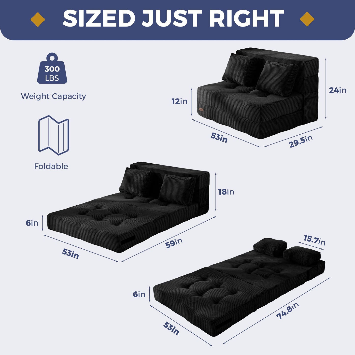 MAXYOYO Convertible Sofa Bed, Fold Out Sofa Couch with Pillow, 4 in 1 Tufted Folding Couch Bed Foam Floor Couch, Lazy Chair for Living Room Bedroom Guest Room, Black