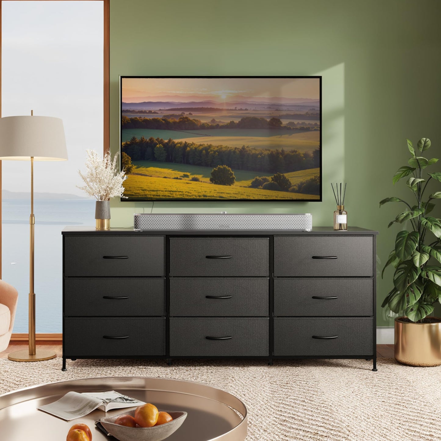 WLIVE 63''W Dresser for Bedroom, Black Dresser TV Stand for 65, 70, 75 inch TV, Wide Chest of Drawers with 9 Drawer, Large Entertainment Center, Fabric Dressers with Wood Top for Closet, Living Room