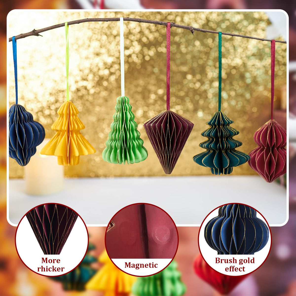 OBBOLO Paper Christmas Tree Ornaments, Red and Green Xmas Party Decorations, 6PCS 3D Mini Glitter Edges Paper Honeycomb Ornaments for Xmas, New Years, Holiday Home Decor