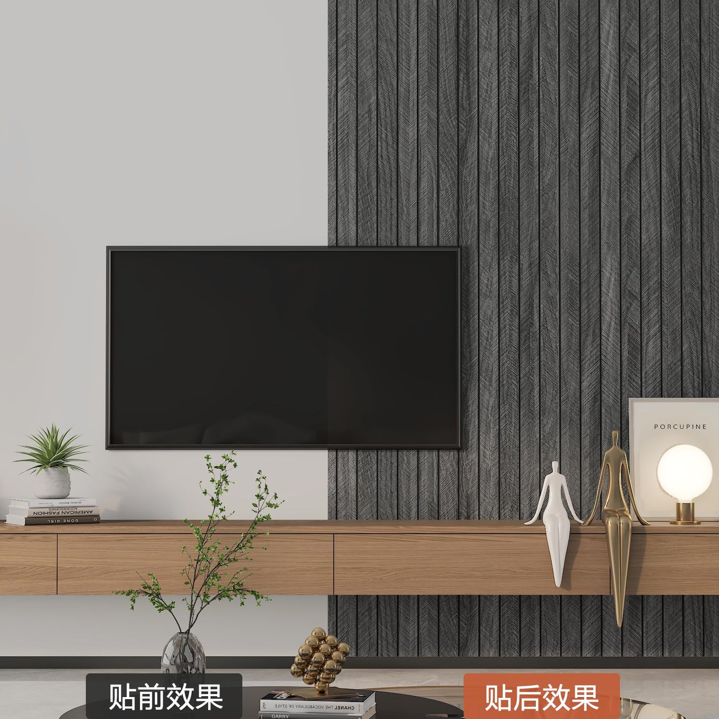YENHOME 24"X200" Faux Wood Slat Wall Panel Peel and Stick Wood Panels for Bedroom Self Adhesive Black Wooded Slat Textured Soundproof Wall Panels for Interior Decor Ceilings Office Studio 3D Foam
