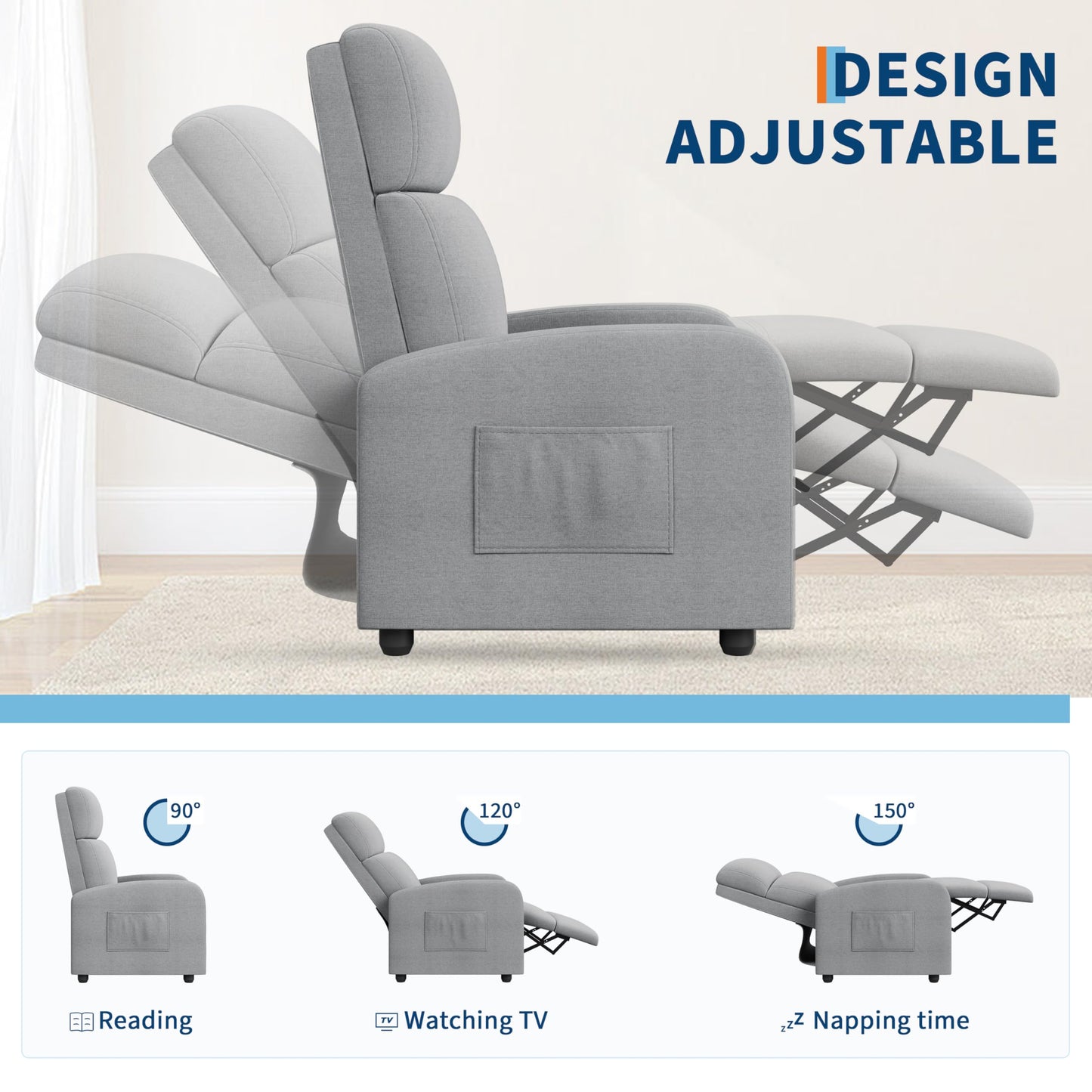 Manual Recliner Chair for Adults, Linen Upholstered Reclining Armchair with High Back & Retractable Footrest, Compact Single Sofa with Side Pocket for Nursery, Bedroom & Living Room, Grey