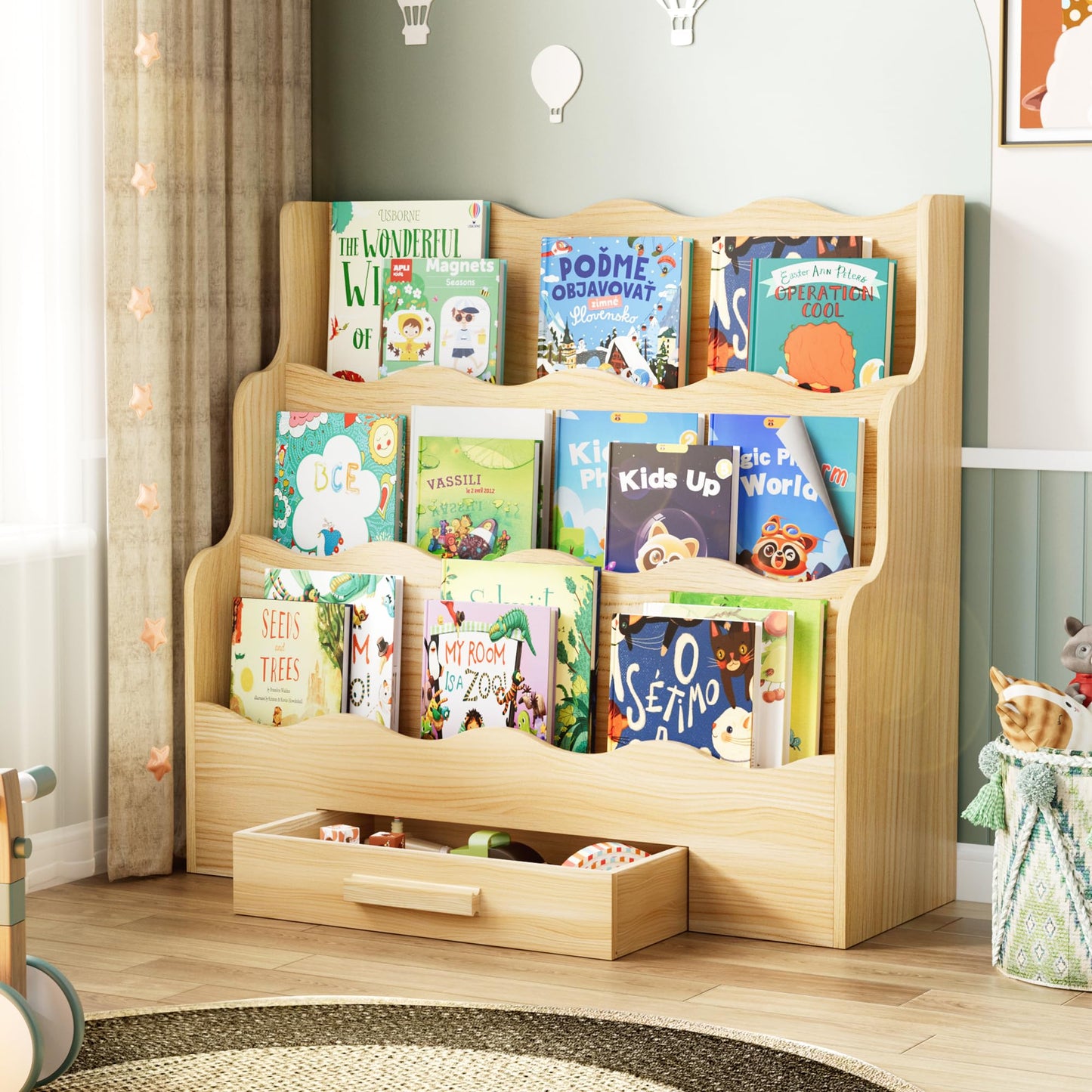 FIKSG 3-Tier Montessori Scalloped Kids Bookshelf, 29.6" Wide Natural Wood Forward Facing Bookcase for Toddlers, Children's Book Display and Organizer for Playroom, Nursery, Bedroom or Classroom