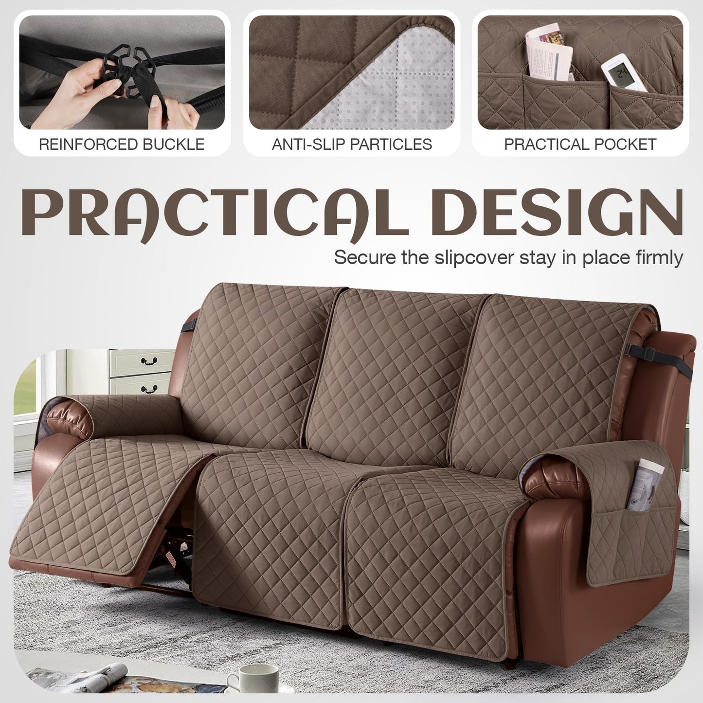 KinCam 100% Waterproof Recliner Couch Covers, Non-Slip Reclining Sofa Covers for 3 Seater, Recliner Couch Cover Furniture Protector with Elastic Straps for Pets, Kids, Brown