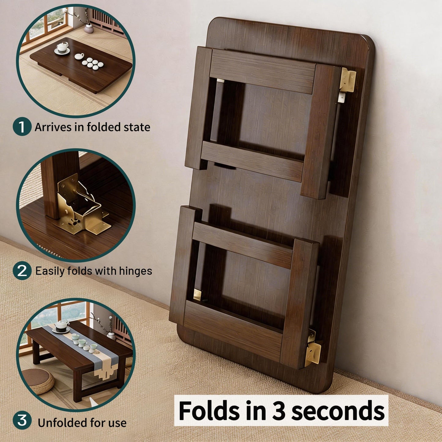 FATOLRD Japanese Floor Table Folding Low Coffee Table No Assembly 31.5 inch