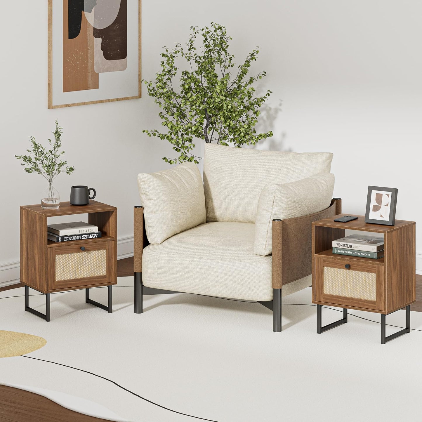 Masupu Rattan Nightstand,Modern Boho Farmhouse Wood Bedside Table with Storage Drawer and Open Shelf,Small Black Frame Side End Table for Bedroom,Living Room,Office (Walnut)