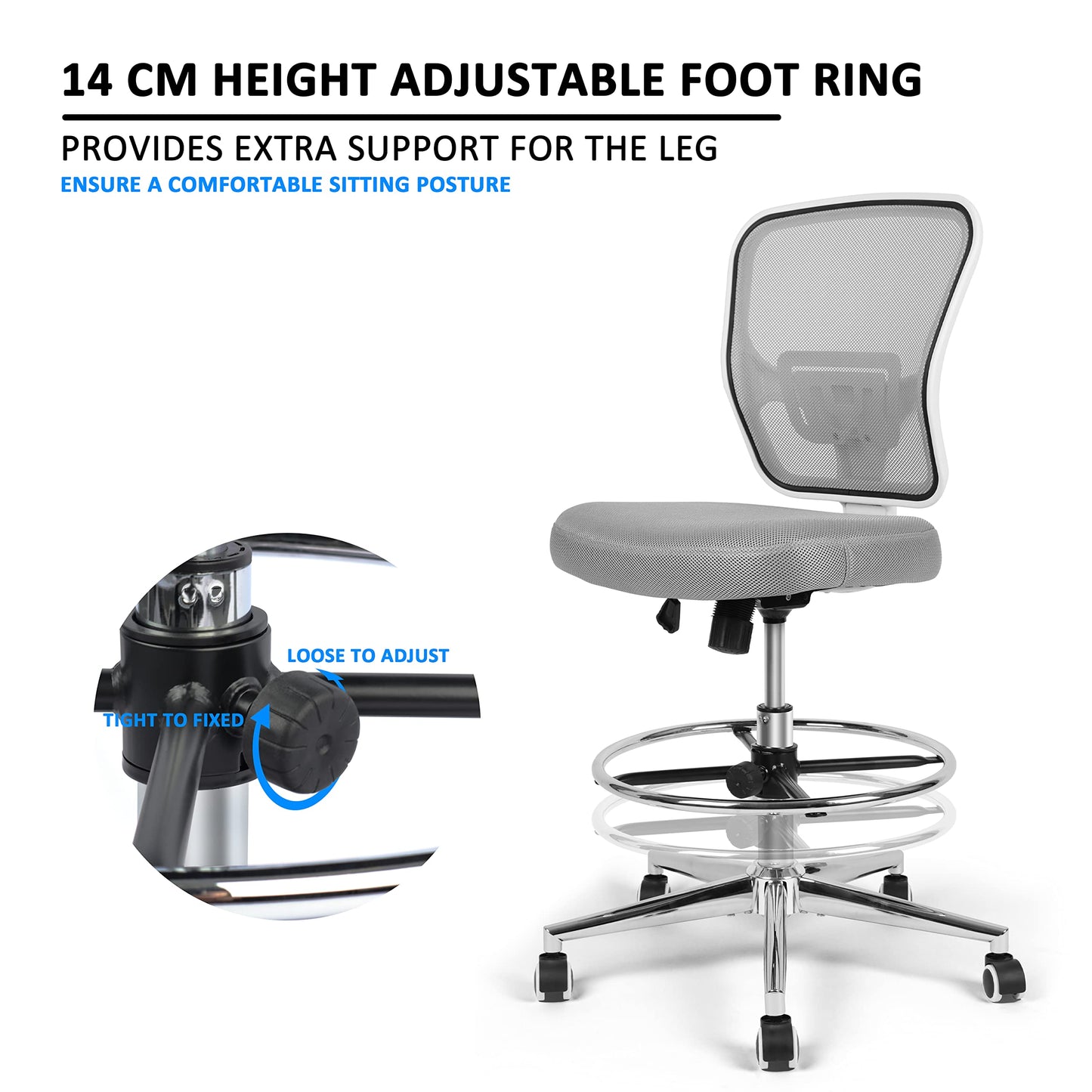 Drafting Chair, Tall Office Chair for Standing Desk, Drafting Stool with Lumbar Support, Adjustable Height and Foot Ring, Grey