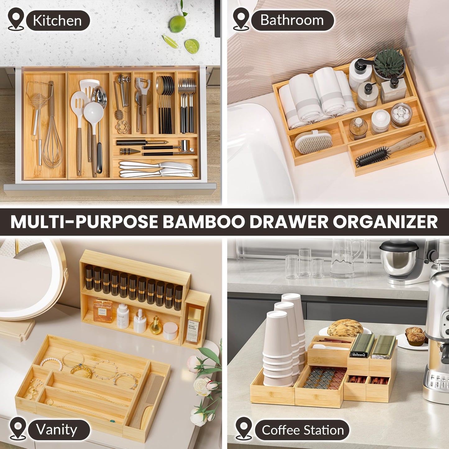 Greatseas Kitchen Drawer Organizer Bins, Stackable Bamboo Drawer Organizer for Silverware, Flatware, Deep Office Desk Drawer Organizer Tray, Desktop Pen, Office Organization 9" x 6" x 2.5" (Set of 2)