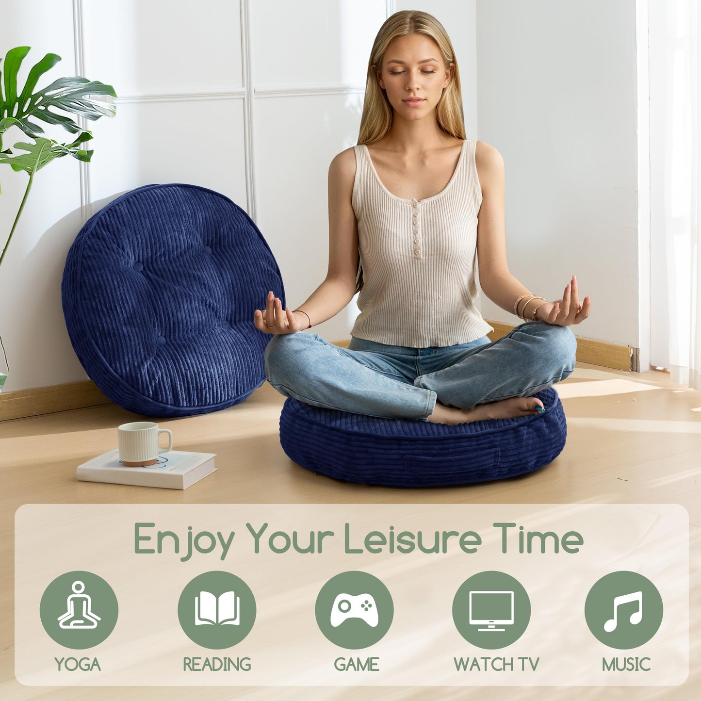 HIGOGOGO Floor Pillow Cushion for Adults, Meditation Cushion Pillow, Large Round Floor Sitting, Tufted Corduroy Cover, for Tatami Living Room or Yoga, 22x22 Inch, Navy