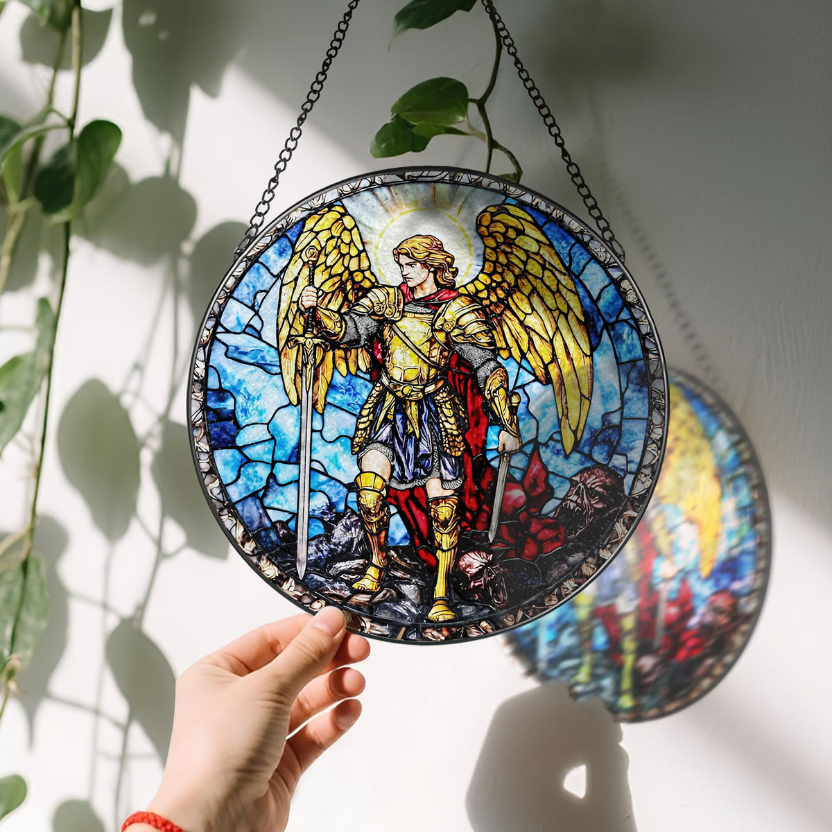 Stained Glass Suncatcher, Archangel Michael Sun Catcher Ornament; Stained Glass Window Hanging, Warrior Angel Window Decor; Christmas Home Decor, Christian Gifts, Religious Gifts