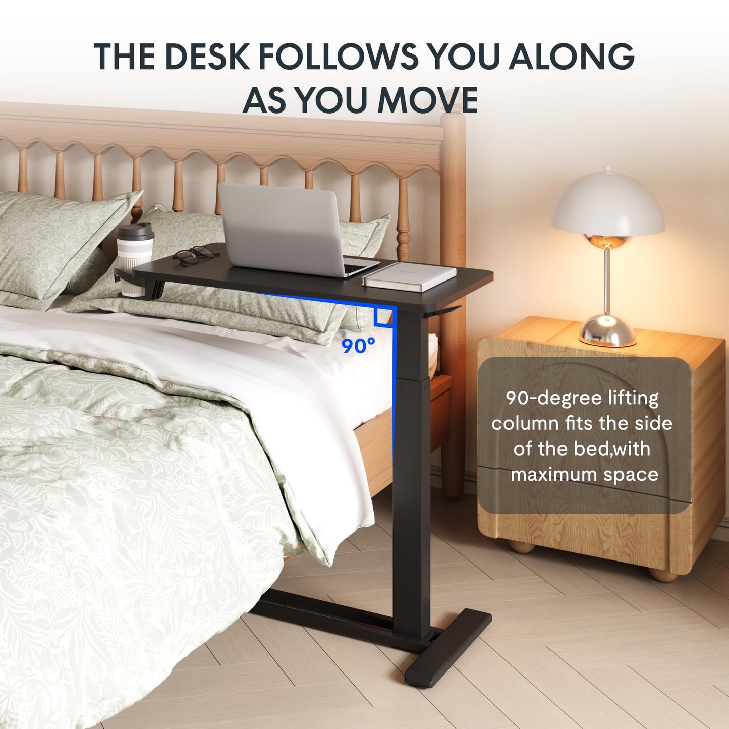 FLEXISPOT H7 Adjustable Overbed Bedside Table with Wheels Pneumatic Mobile Standing Desk Laptop Desk Rolling Computer Cart Movable Overbed Tables Hospital Home Use(27.6" W x 15.7" D, Black Table)