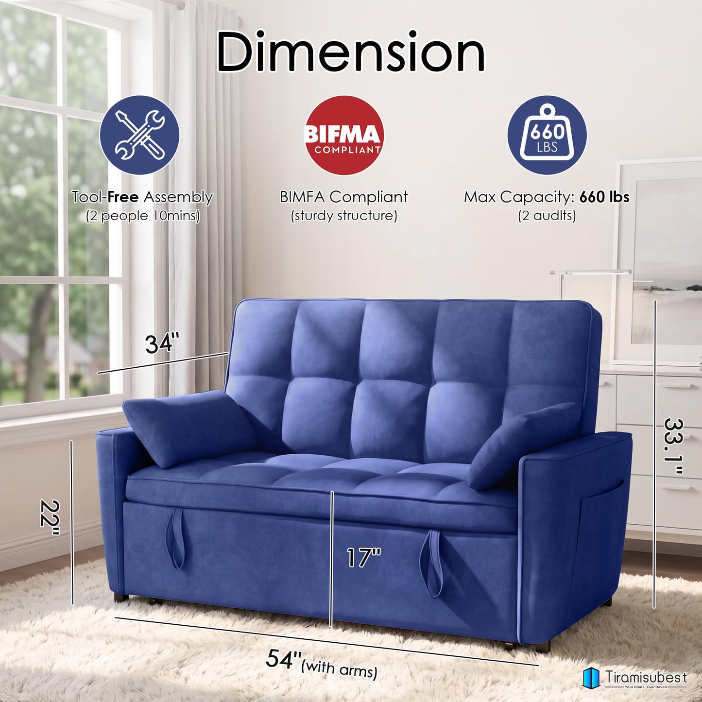 tiramisubest 54'' Sleeper Sofa Bed, Convertible Pull Out Couch Futon for for Living Room,Apartment (Blue, Loveseat) Side Pockets, Velvet Fabric, Adjustable Backrest, Pull-Out Bed, Easy Assembly