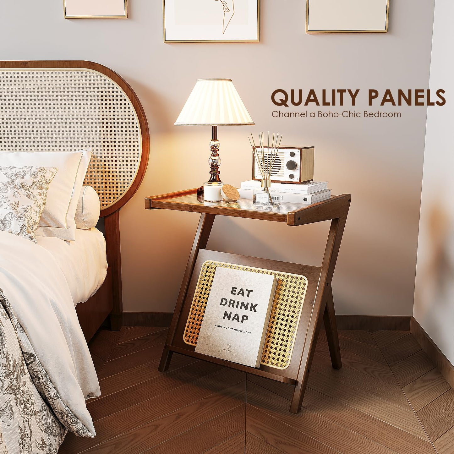 Bamworld Rattan Side Table Boho NightStand Mid Century Modern End Table Glass Bedside Table Small End Tables Bamboo Coffee Table with Storage Record Player Stand for Living Room Bedroom
